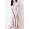 Elegant Women's 100% Pure Wool Knit Dress - Slimming, Round Neck, Long Cashmere for Autumn and Winter