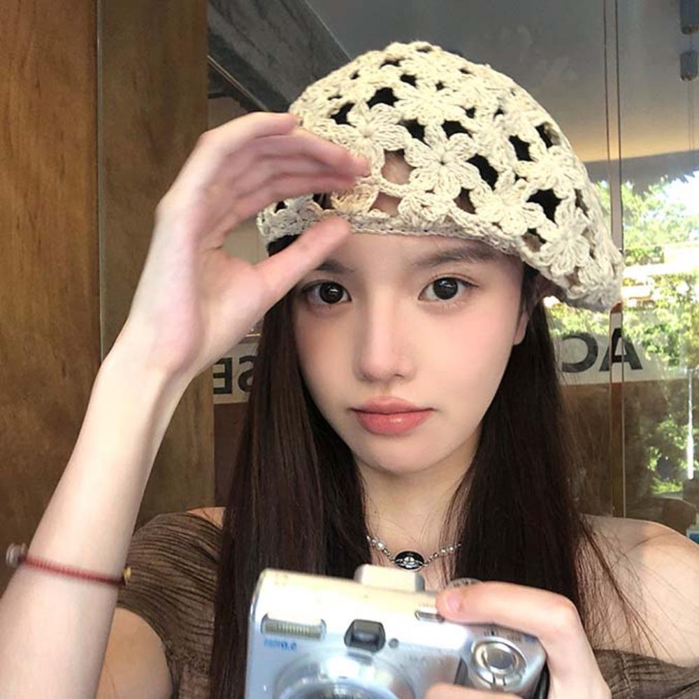 Cotton Lace Hollow Flower Hat Breathable Spring Crochet Knitted Cap Hollowed Out Beret Hat  Holiday
