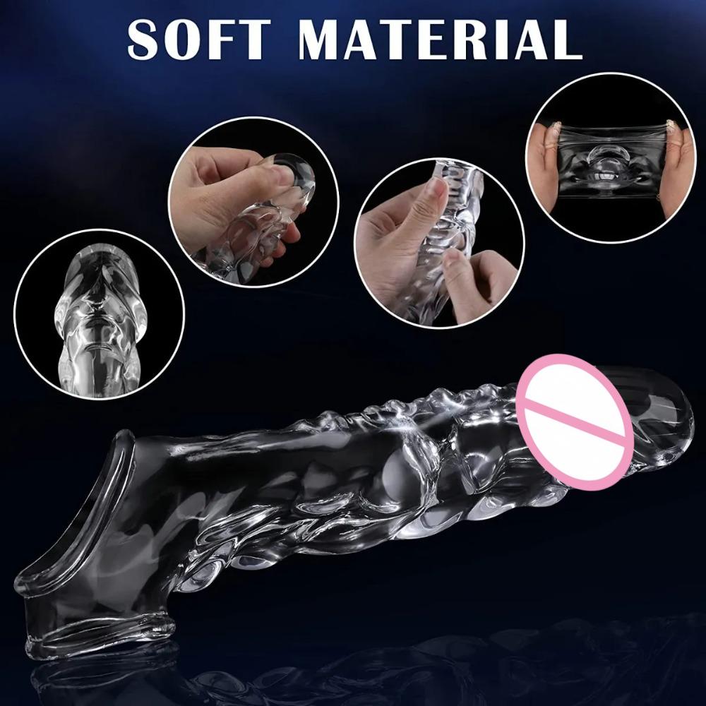 Reusable Penis Sleeve with Vibrator Penis Ring 19cm Clear Cock Ring Extender Soft Dick Enlarger for Couples Reusable Condoms