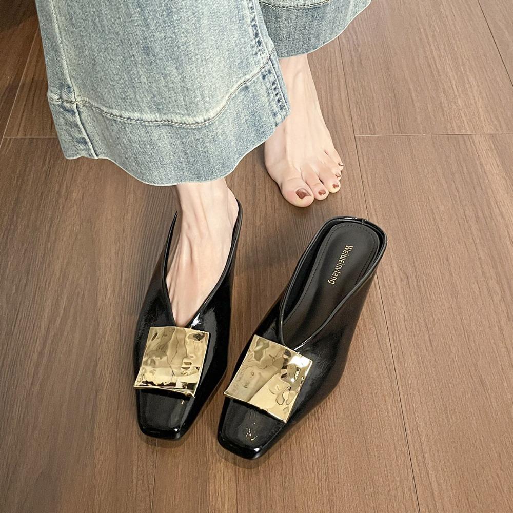 Fashion Slippers Women's Sandals Metal Square Buckle Premium Square Head Half Slippers Women's Retro Flat Bottom Bag Head Cool Slippers