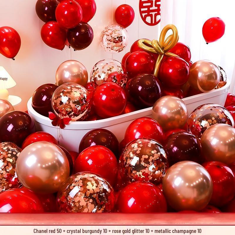 Red Double-Layer Wedding & Engagement Balloon Set - Thickened Style for Celebration & Decor