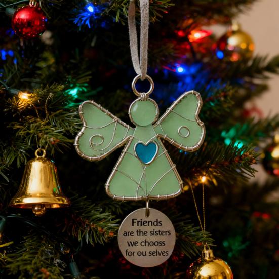 Weihnachtsanhänger Engel Ornament mit Glasmosaikherz Gravierter Freundschaftsvers Hängende Dekoration