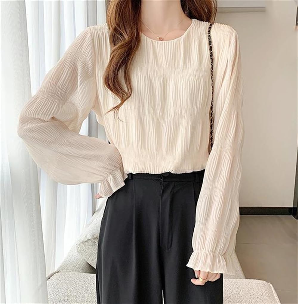 [SYitong] Shirt Blouse, Gathered Shirring Long Sleeve Chiffon Blouse, Lined, Sheer Sleeves, Lightweight Look, Frilled Shirt, Slimming Effect, Figure-F