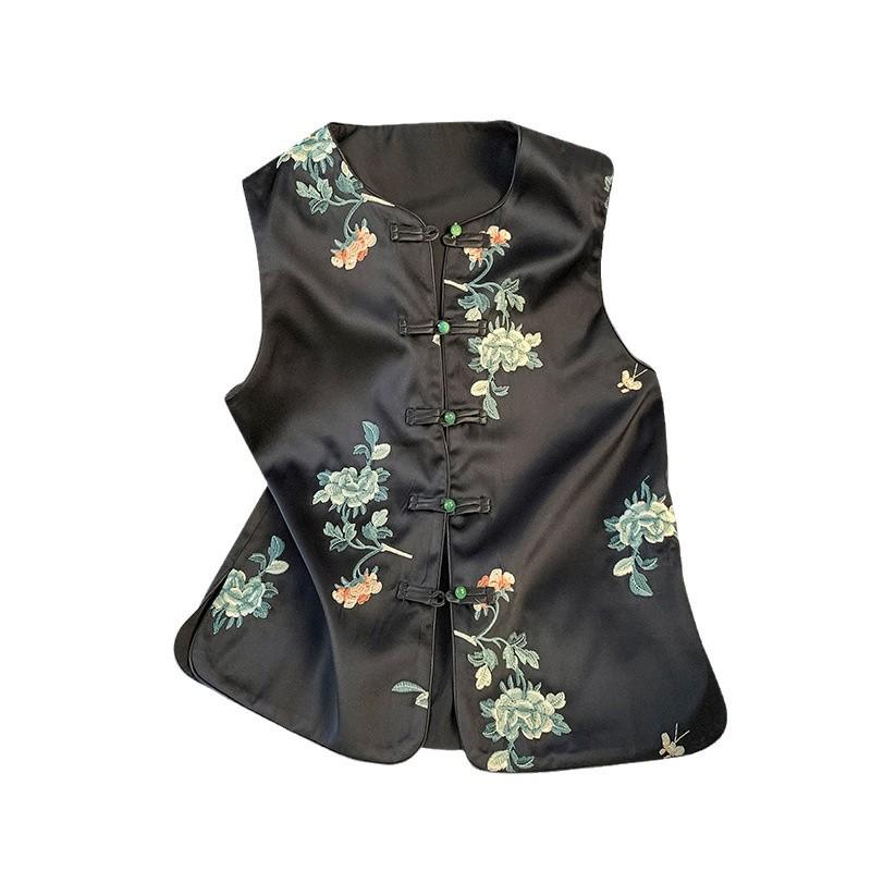 Spring & Fall Retro V-Neck Satin Embroidered Hanfu Vest with Frog Button
