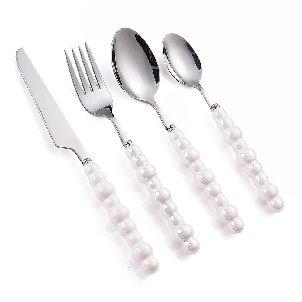 1Pcs Luxury Dinnerware Set Ceramic Pearl Handle Stainless Steel Spoon And Fork Set Western Silver Cutlery High-looking Tableware