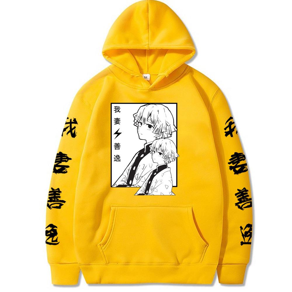 Japanese Anime Demon Slayer Agatsuma Zenitsu Print Hoodies Pullovers For Men Oversized Itself Streetwear Winter Warm Sweatshirts