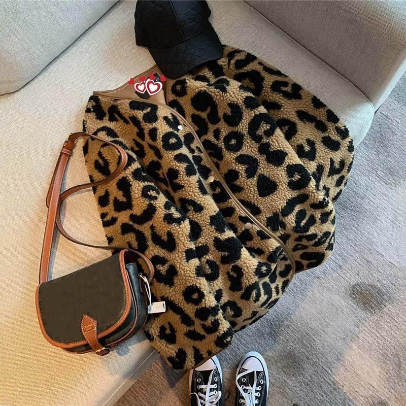 Coats for Women Oversize Cotton Fleece Leopard Fur Coat Autumn Winter Cardigan Casual Long Sleeve Women Coat