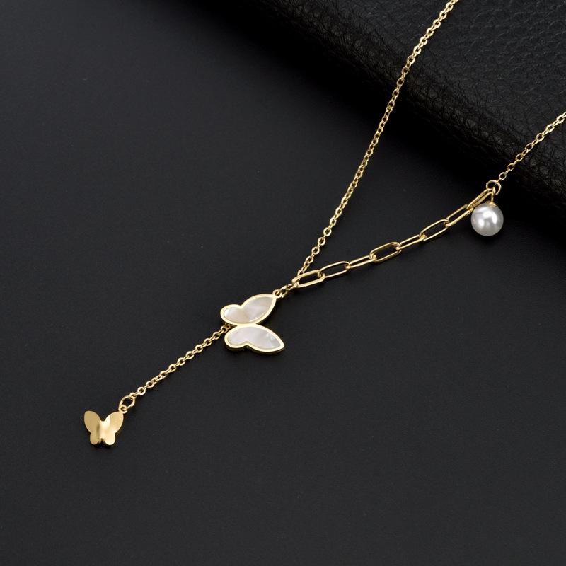 Elegant Seashell & Butterfly Titanium Necklace with Pearl Pendant for Women