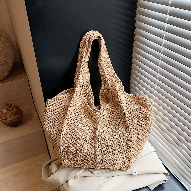 

Summer Woven Shoulder Bag Women Knitting Beach Tote Handbags Aesthetic Hollow Out Causal Shopping Bag Ladies Crochet Handbag