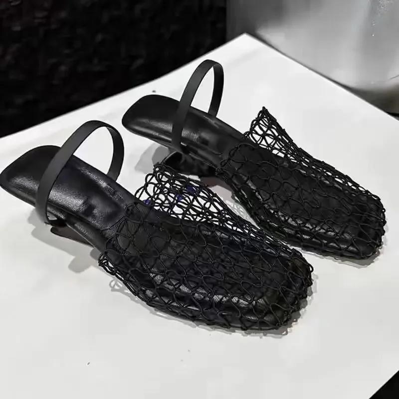 

Fashion Women Slippers 2025 Summer Flat Female Breathable Sandals Branded Designer Women Roman Sandals Mesh Mule Slippers Slides Women 35 чёрный