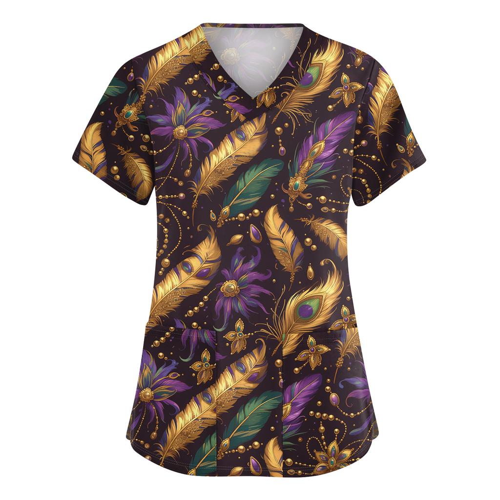 Women's Cute Printed Work Clothes V-neck Double Layer Pockets Basic Short Sleeve Top Pullover