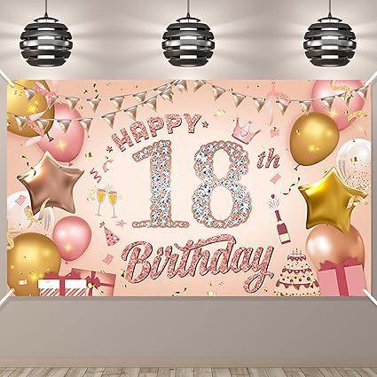 Decorazione per il 18° Compleanno Stendardo di Sfondo Oro Rosa Decorazione per Feste Sfondo Fotografico per Interni ed Esterni