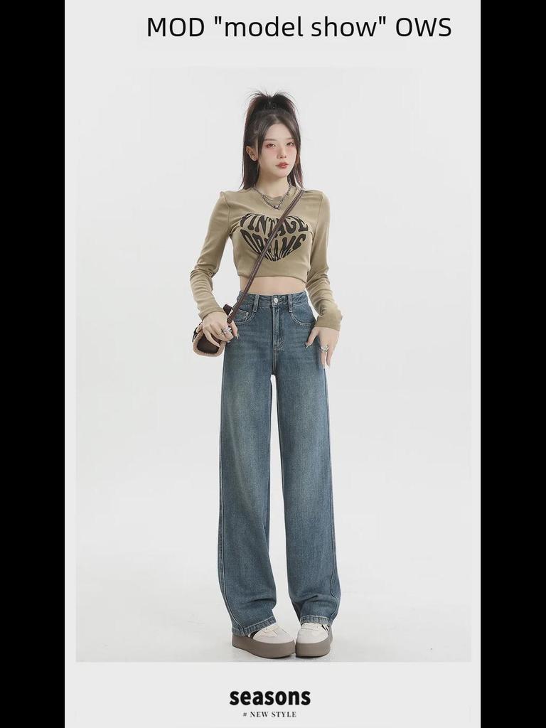 Damskie retro dżinsy z aksamitu z wysokim stanem i szerokimi nogawkami: Długość do podłogi, ciepły, luźny krój na jesień/zimę.