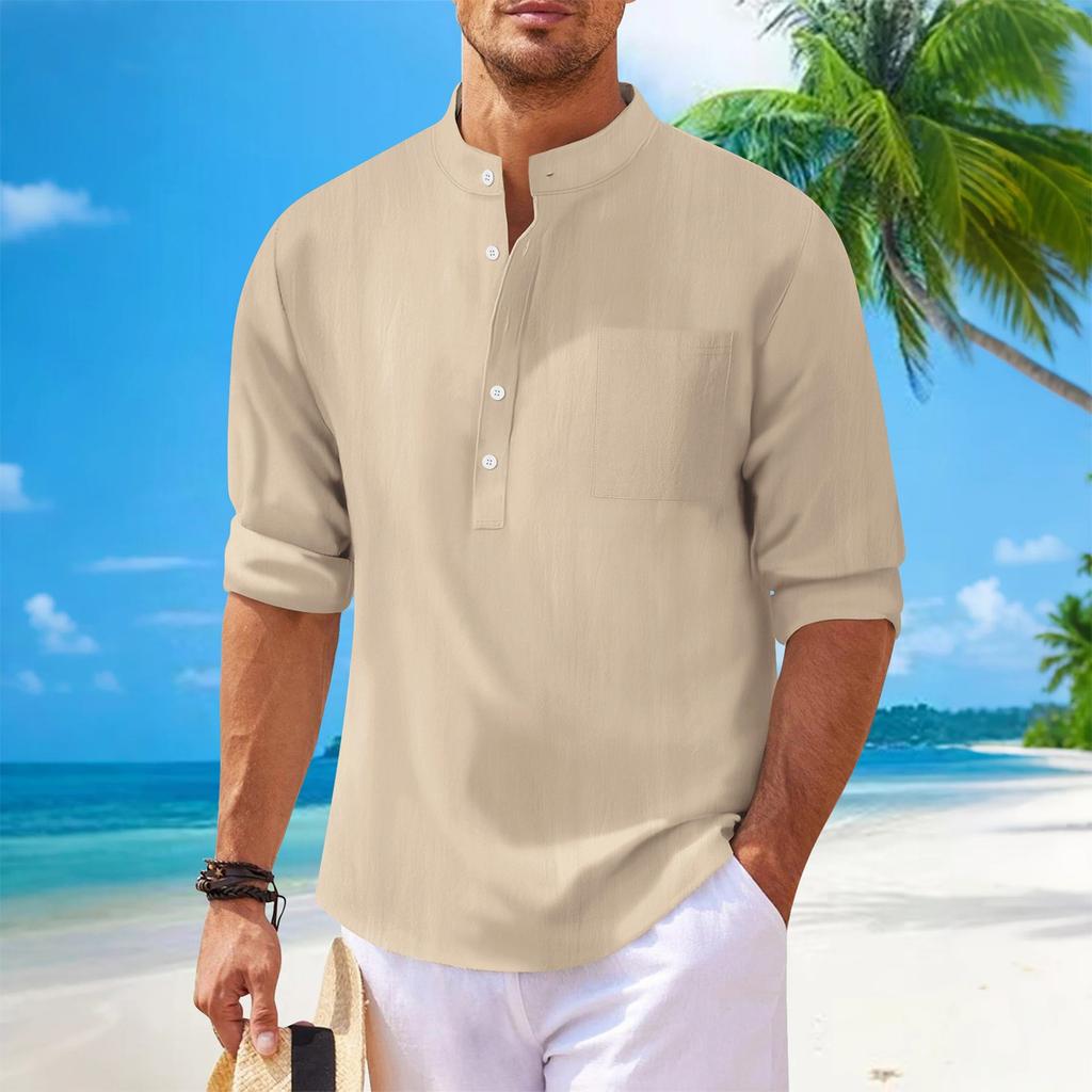Men's New Solid Color Casual Cotton And Linen Standing Collar Long Sleeved Shirt