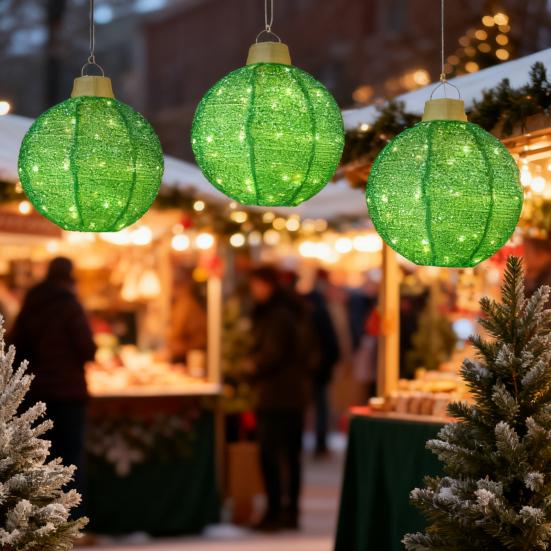 3Pcs Outdoor Hanging Christmas Light LED Illuminated Ornament Balls with 8 Lighting Modes And Timer Festive Sequin Ball for Porch Garden Decor