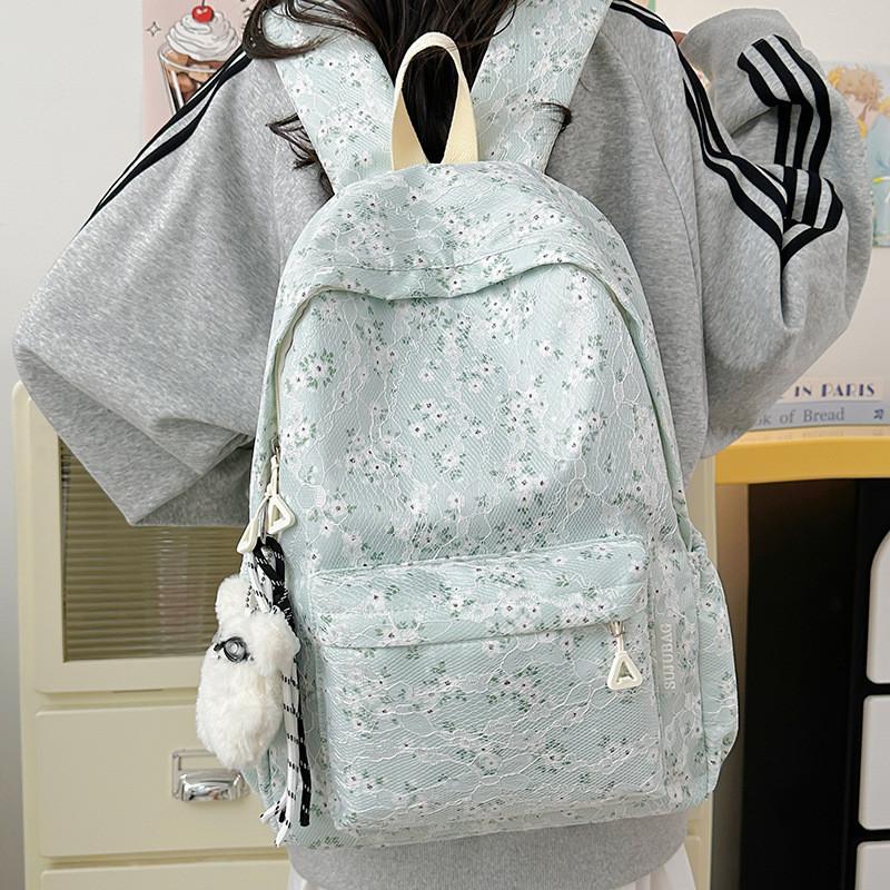 Floral Cute Pattern And Lace Design Student Backpack With Plush Pendant For Girl