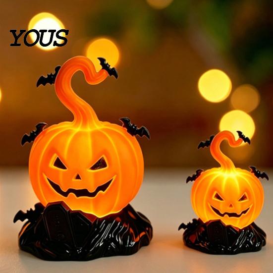 Halloween Tombstone Decoration LED Candle Light Figurine, Bat Glowing Tabletop Ornament, Warm Theme Decor Pumpkin Prop for Escape Room Haunted