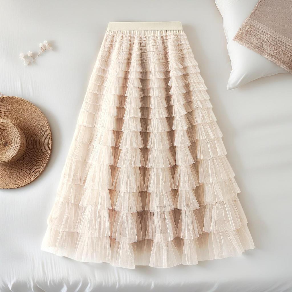 Autumn/Winter Layered Mesh Pleated High-Waisted Fluffy Long Skirt