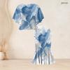Women Plus Size Off White Blue Beige Printed Round Neck Batwing Sleeve Ruffle Hem Top Fishtail Skirt Two Piece Set