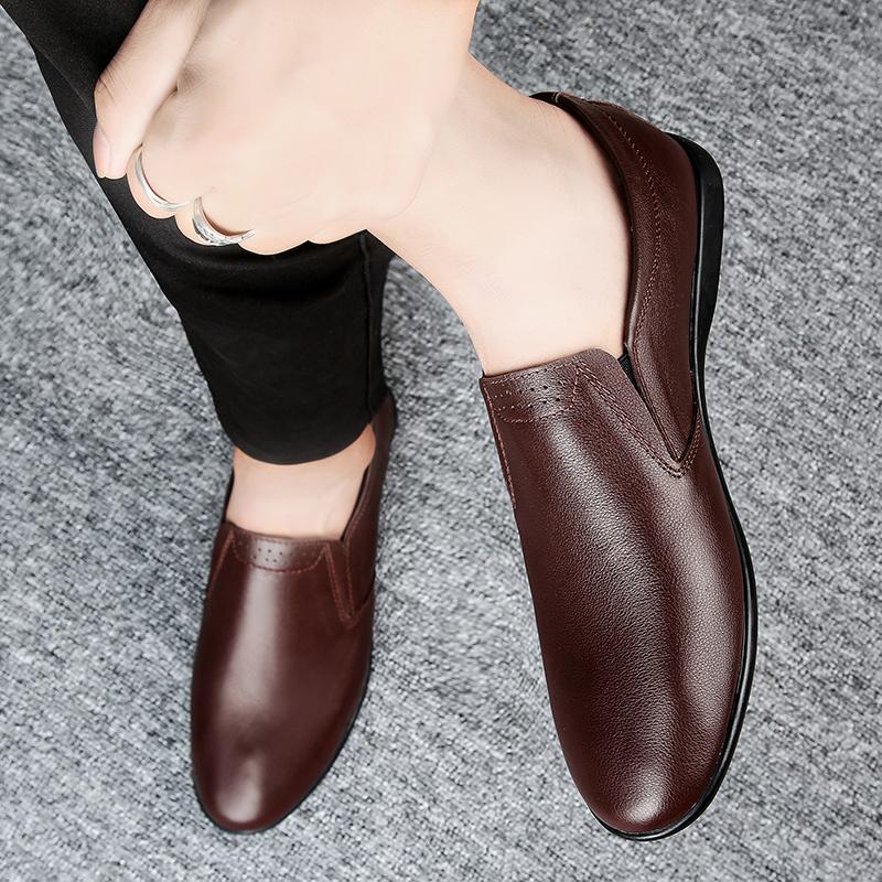 Men Casual Shoes Men's Genuine Leather Fashionable Breathable Peas Shoes Trend Black All-match Wear-resistant Flat Shoes