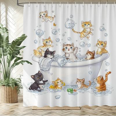 Cortina de Ducha Encantador Patrón de Gato y Perro para Baño Cortina de Baño Estampado de Animales de Dibujos Animados Cortinas de Baño para Decoración del Hogar cortina