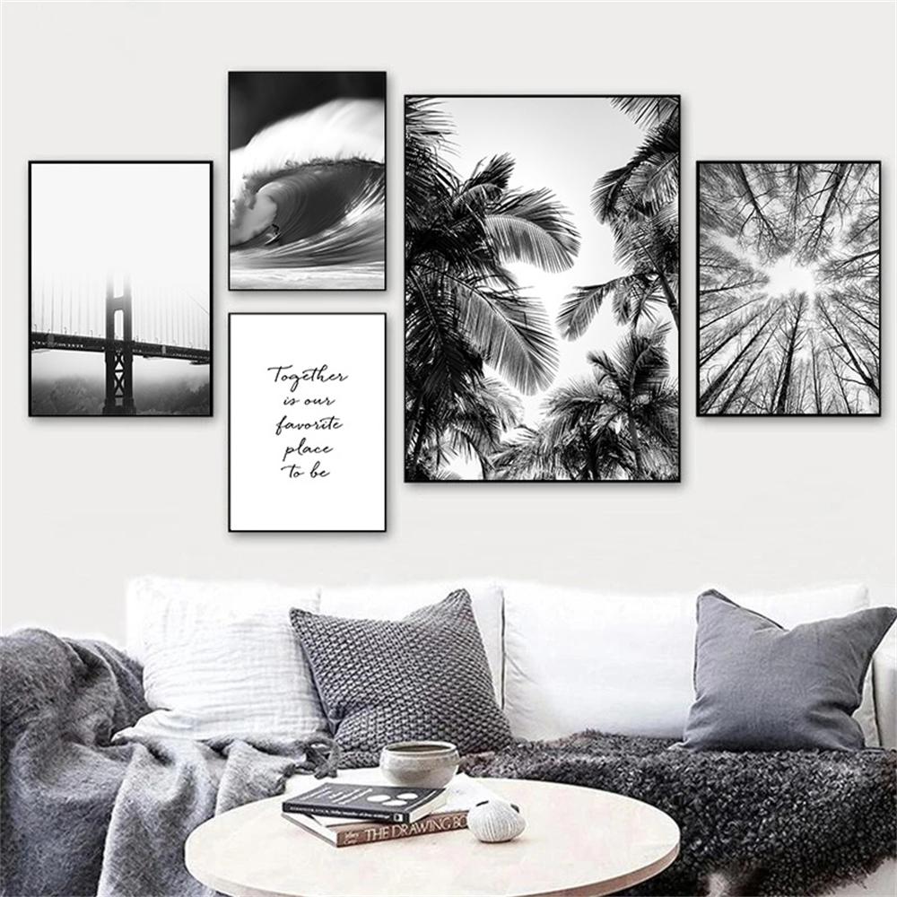 Black And White Posters Bridge Boat Palm Tree Canvas Print Pictures Conch Wall Art Sea Wave Poster Nordic Picture Bedroom Decor
