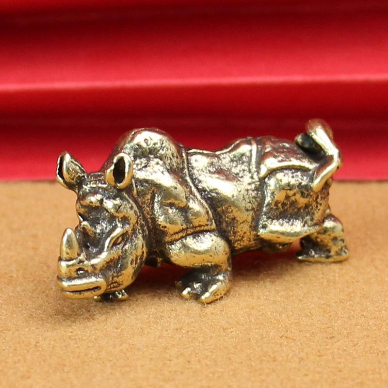 Retro Brass Rhino Figurines Ornaments Pure Copper Animal Rhinoceros Model Statue Miniatures Desk Decorations Feng Shui Gift