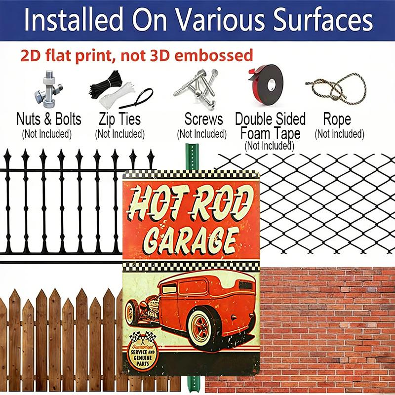 2D Flat, 1pc Vintage Hot Rod Garage Metal Sign - 8x12 Inch Retro 1950s Style Classic Hot Rod Car & Checkered Racing Design - Durable Aluminum Wall