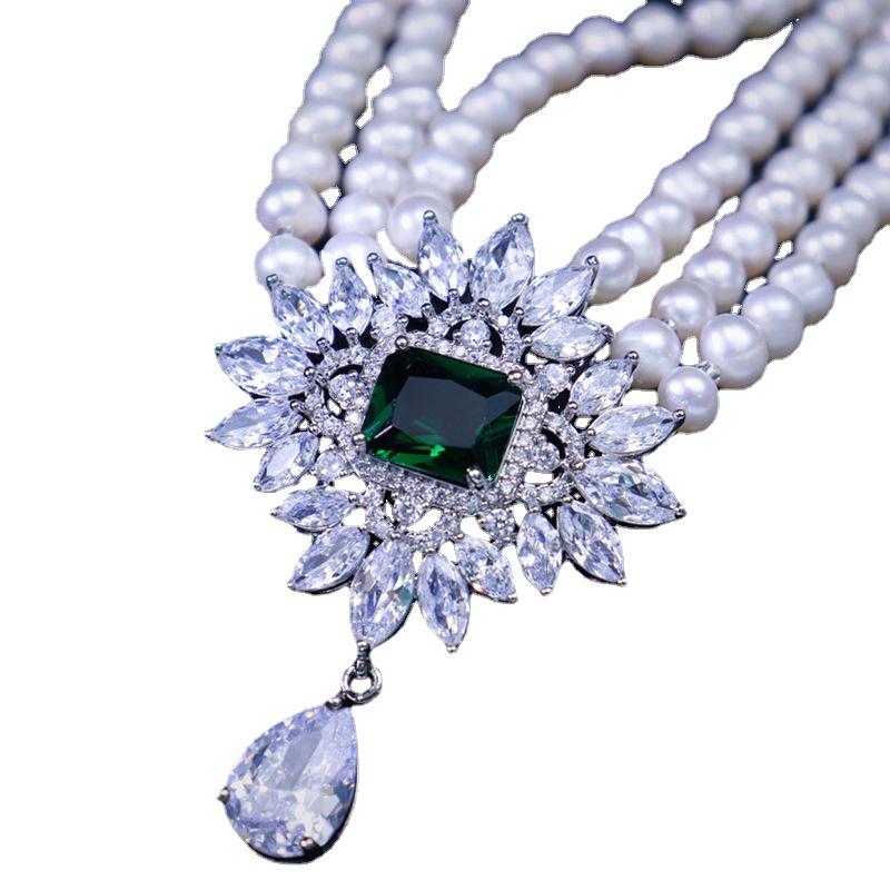 18K Gold-Plated Freshwater Pearl Necklace with Emerald Zircon, 6-7mm, Fashionable Clavicle Chain for Women