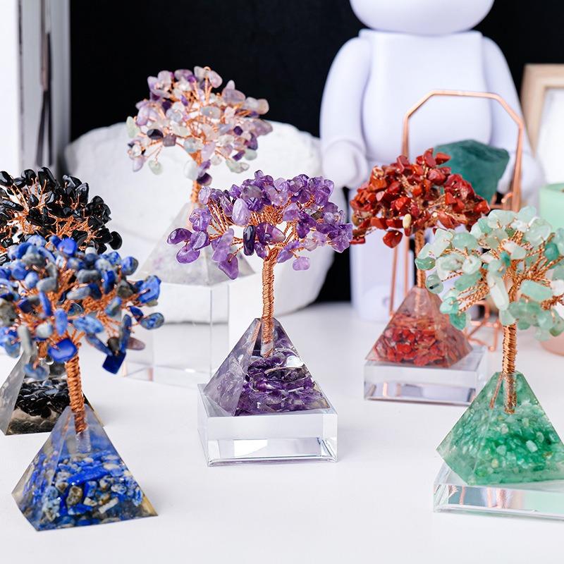 Natural Crystal Chip Money Tree Resin Pyramid Base Home Living Room Decor Ornament Desk Feng Shui Wealth Gift Idea Decoration