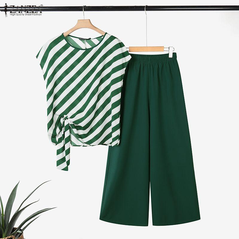 ZANZEA Women Short Sleeve Stripe Blouse and Pants Casual Two Piece Sets