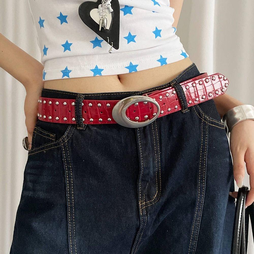 Y2k Women's Rivet Belt Gothic Dress Jeans Belt Niche Leather Waist Belt  Streetwear
