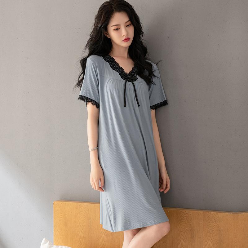 New nightgown women's summer thin modal short-sleeved pajamas solid color cool loungewear large size dress