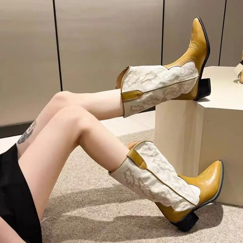 Fashion Retro Pointed Toe Women's Boots Block Heel 2025 Summer New Embroidered Mid-leg Boots