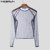 INCERUN Men Long Sleeve Mesh See Through Skinny T-shirts Partywear Clubwear