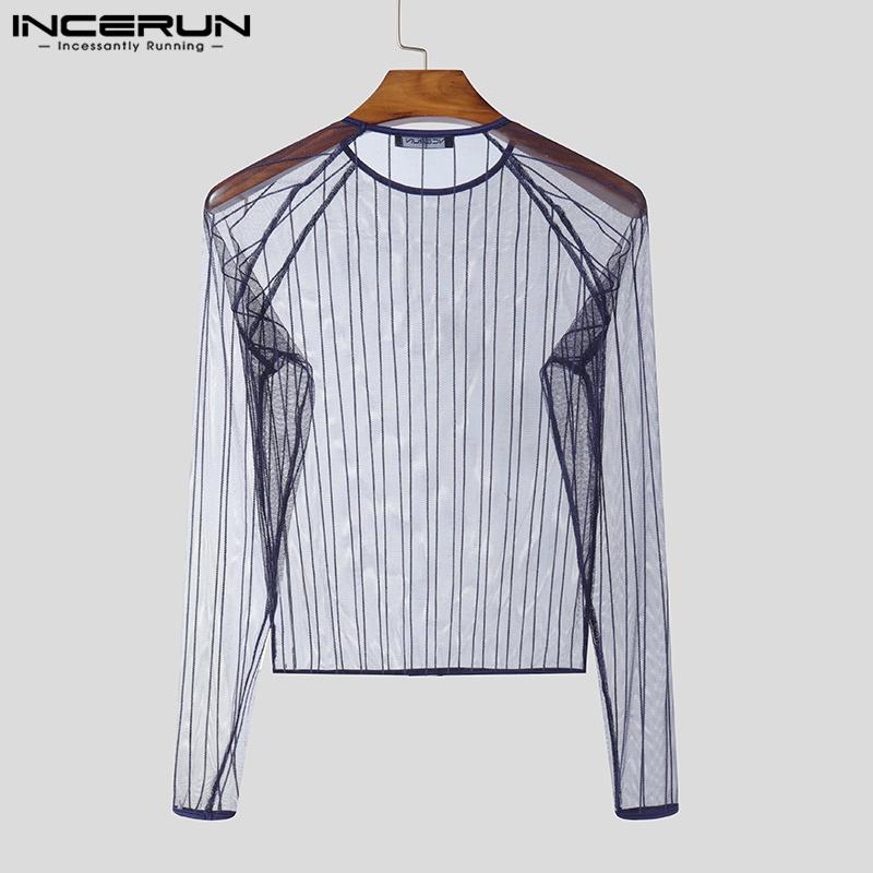 INCERUN Men Long Sleeve Mesh See Through Skinny T-shirts Partywear Clubwear