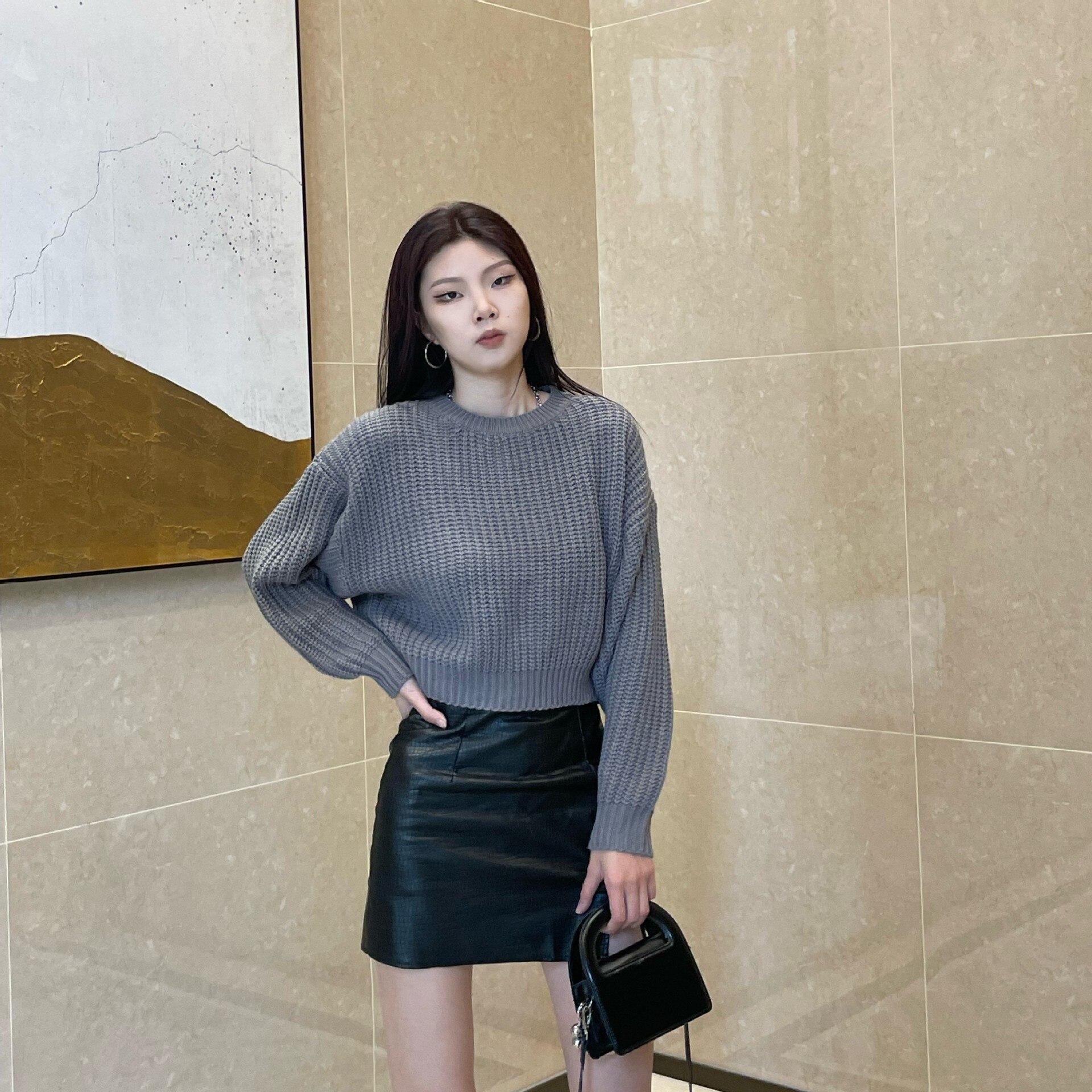 

Свободный сексуальный свитер, модный женский повседневный свитер, осенне-зимний пуловер с круглым вырезом и длинными рукавами, короткие топы, элегантная рубашка 28481 L темно-серого