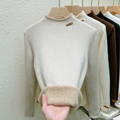 Autumn Semi High Neck Plush Fleece Base Women's Sweater Winter Thick Velvet Warm Pullover Sweaters Tops Ladies Elegant Solid Casual Knitwears 25218