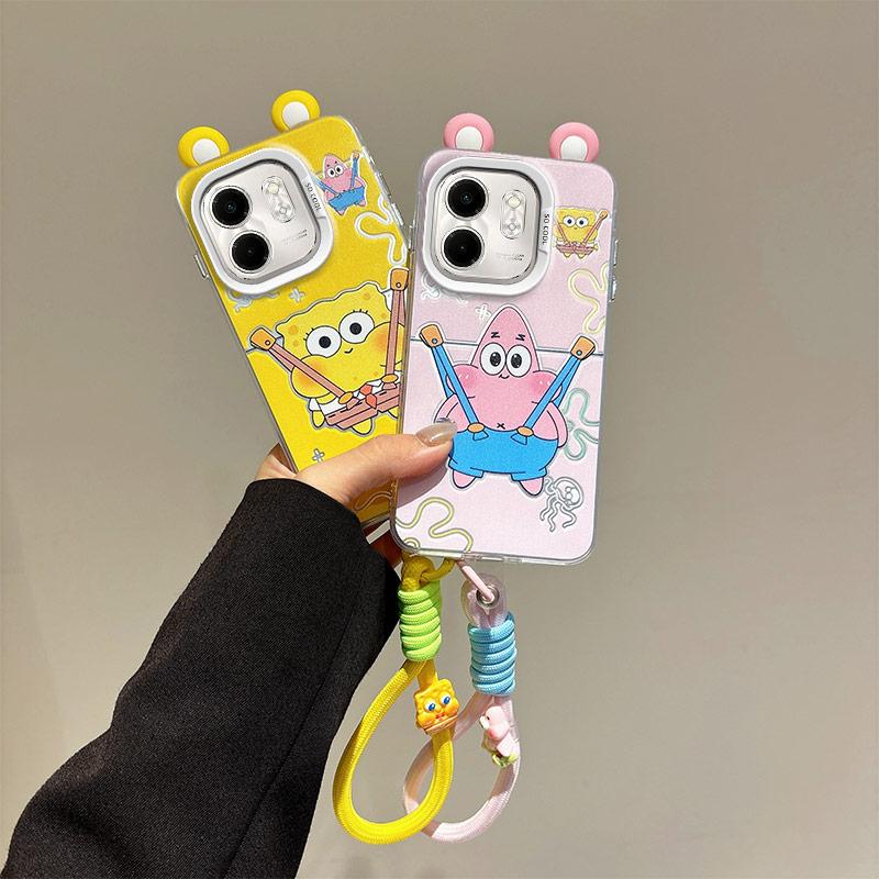 KEYSION Cute Ear Cartoon Case for Infinix Hot 50i with Lanyard Soft Silicone+PC Shockproof Phone Back Cover for Infinix Smart 9