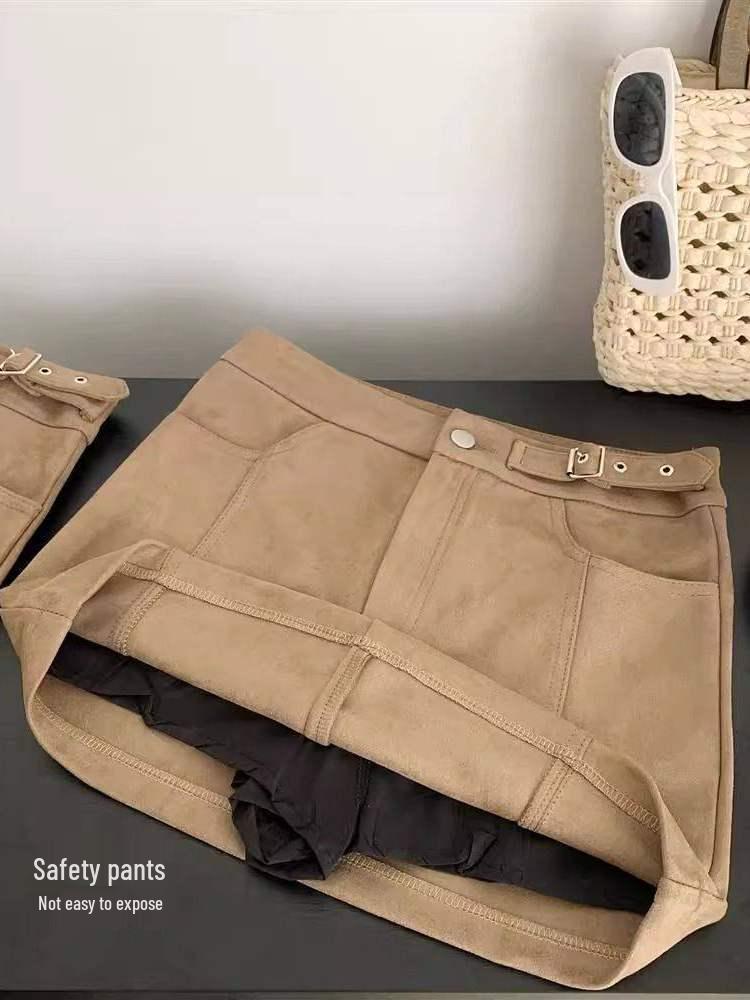 Women's Suede High-Waisted A-Line Skirt - Spring New Arrival, Slimming Short Skirt for Petite Women, Anti-Exposure and Versatile.