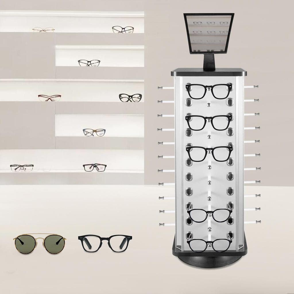 360° Rotating Eyeglasses Display Stand - 44-Pair Capacity,  Aluminum Composite & Wood Construction, Silver/Black - with Adjustable Mirrors