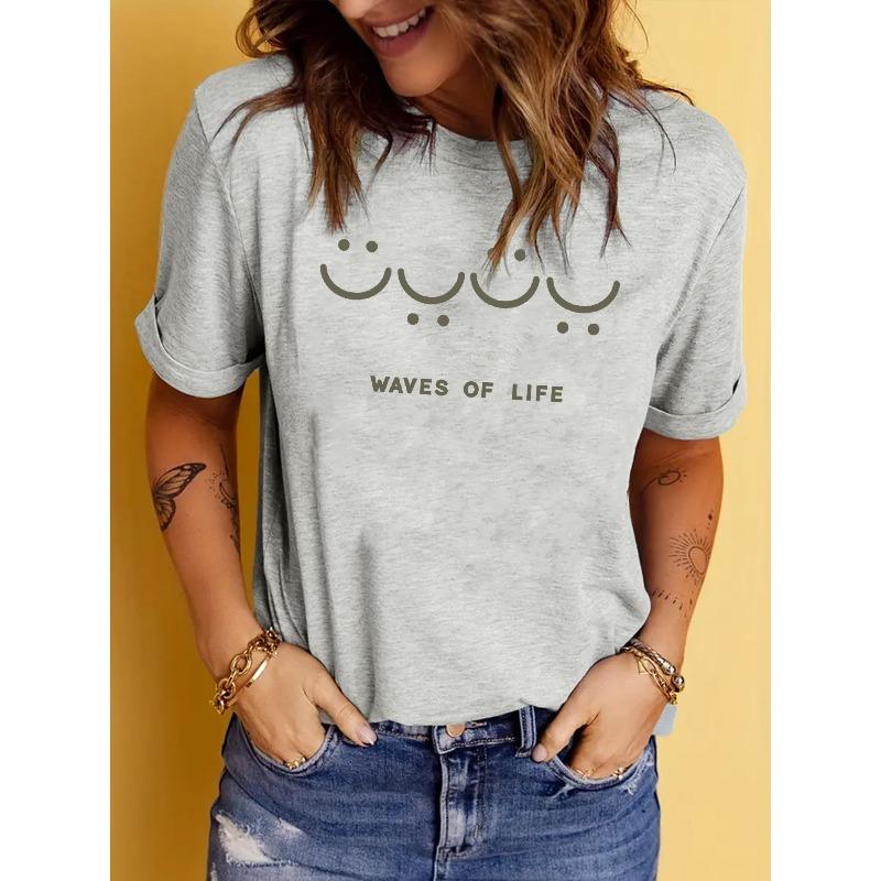 Women's Casual Crew Neck T-Shirt with Letter Print - Soft Polyester, Machine Washable