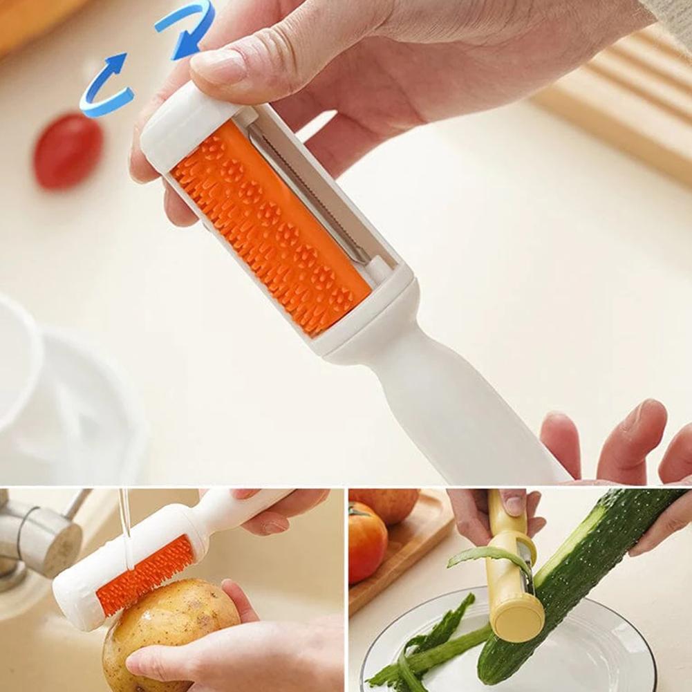 Spazzola per strofinare le verdure multifunzionale 2 in 1, sbucciatore rotante per verdure e frutta con spazzola, utensile da cucina in acciaio inossidabile