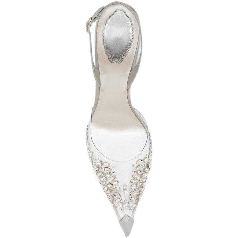 Fashion 2025 Spring Pvc New Pointed Head Transparent Diamond Single Shoes To Wear Everything Flat Wedding Sandals Temperament