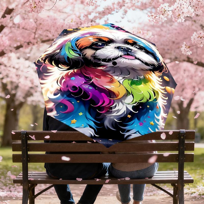 1pc Rainbow Dog Automatic Open/Close Umbrella Compact Folding Umbrella with 8-Rib Shaft for Women/Men, Portable Travel Umbrella,1232S