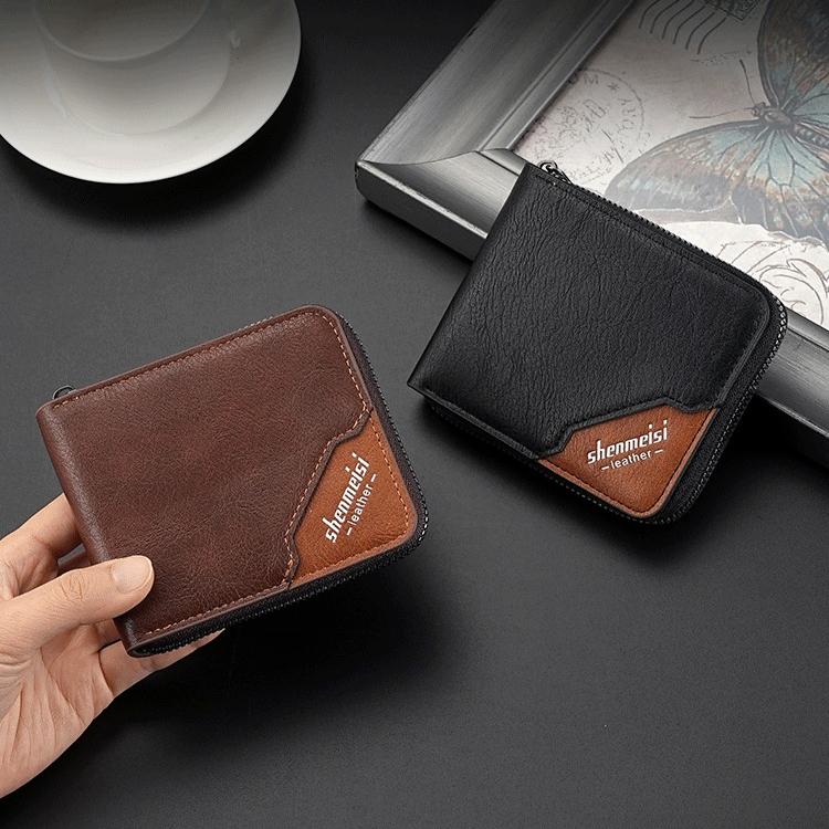 Men’s PU Leather Zip Around 3 Folding Wallet RFID Card Holder ID Window Coin Pocket Short Compact Wallet Cash Purse