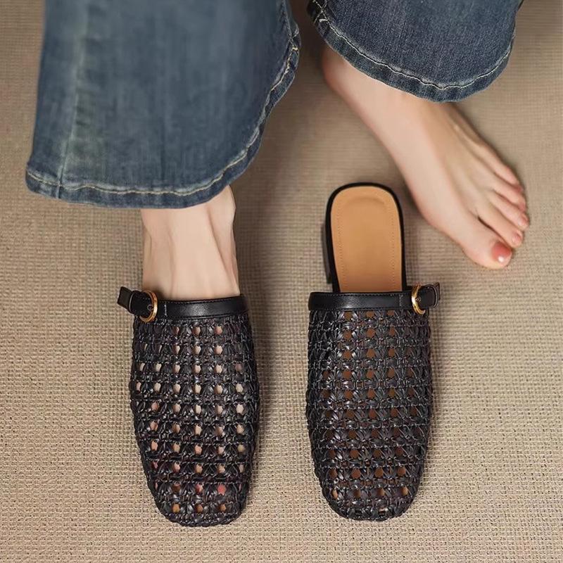 Retro fashion woven breathable hollow bag head half drag women's summer soft leather word with casual mesh shoes