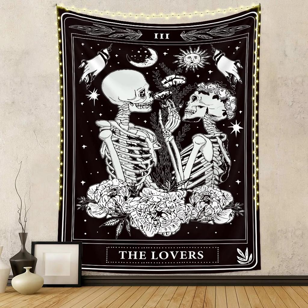 1pc The Lovers Tarot Skeleton Tapestry Floral Moon Sun Pattern Flat Print Hanging Cloth Gothic Romantic Home Decor Bedroom
