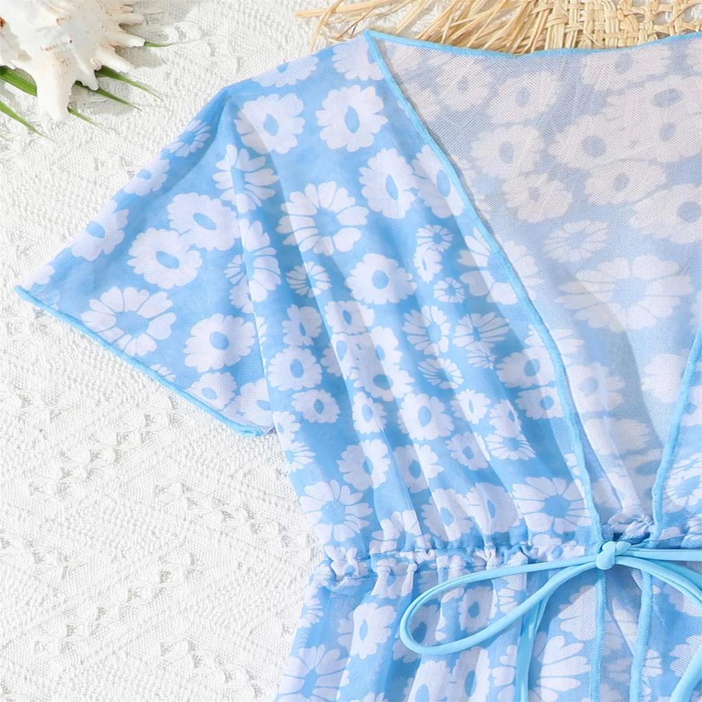 Mädchen 3-teiliger Rash Guard Badeanzug Tankini Oberteile Coverup Strandbekleidung Blumendruck Badeanzug Sonnenschutz Kleid Sommerurlaubsset