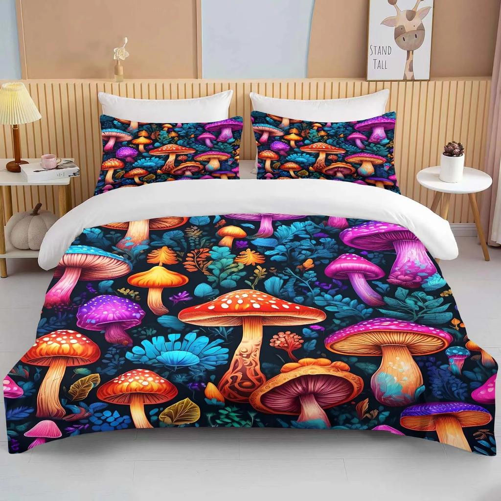 Super Vibrant Neon Psychedelic Mushrooms Print Bedding Set 1 Duvet Cover 1/2 Pillowcases Adult and Children Bedding Set Luxury